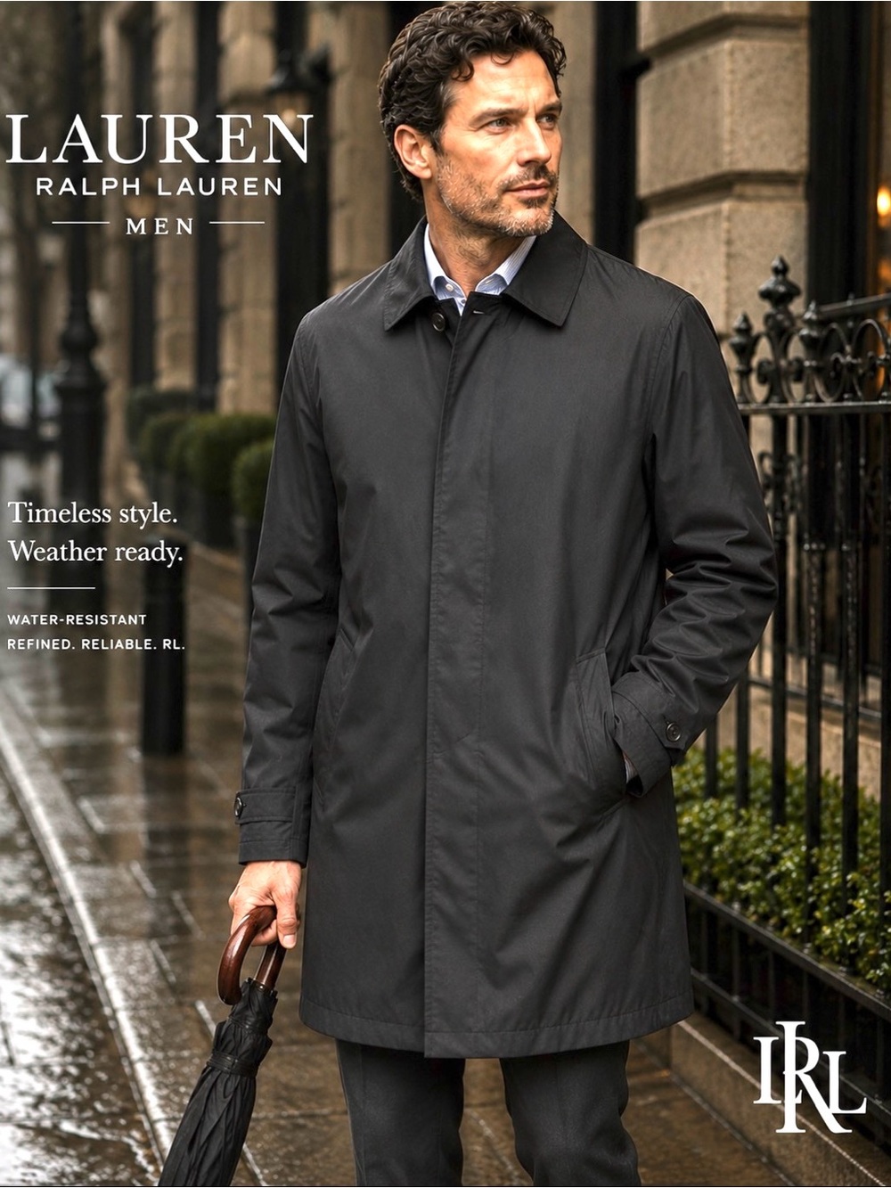 LAUREN Ralph Lauren Men's Black Spread Collar Shirt Raincoat Coat Jacket Sz 46R